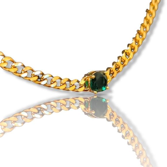 24" x 3mm 14K Gold Finish Green Stone Cuban Chain Over Stainless Steel. - Picture 2 of 11